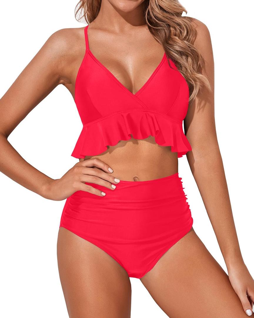 Tempt Me Women Two Piece Swimsuits High Waisted Bikini Set Ruffle Flounce Tummy Control Bottoms Bathing Suit (Neon Red, Large)