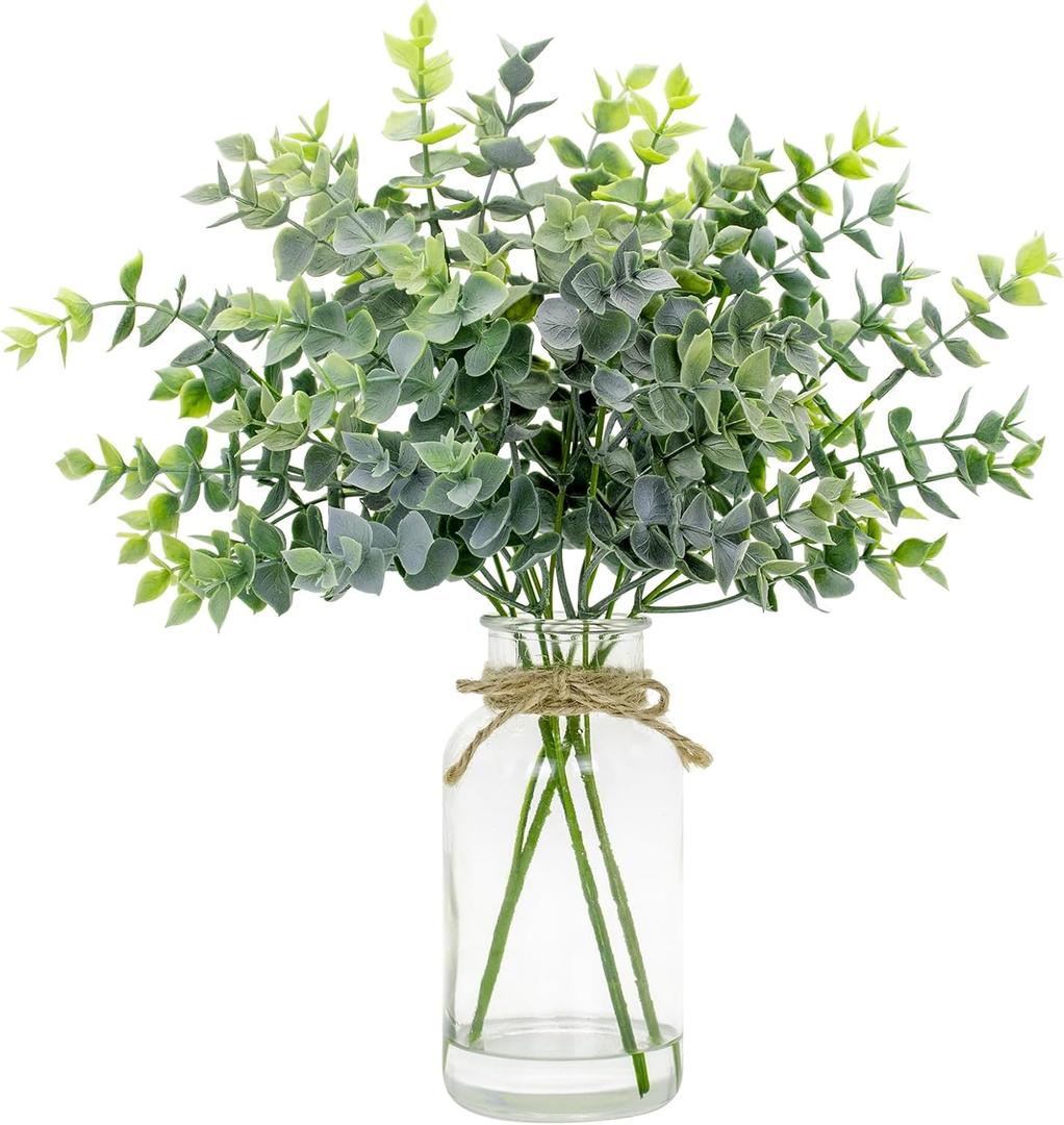 Artificial Eucalyptus Stems in Glass Vase with Faux Water,14" Fake Plants Eucalyptus Leaves for Home Office Centerpiece Table Decorations Farmhouse Wedding Home Greenery DecorGreen