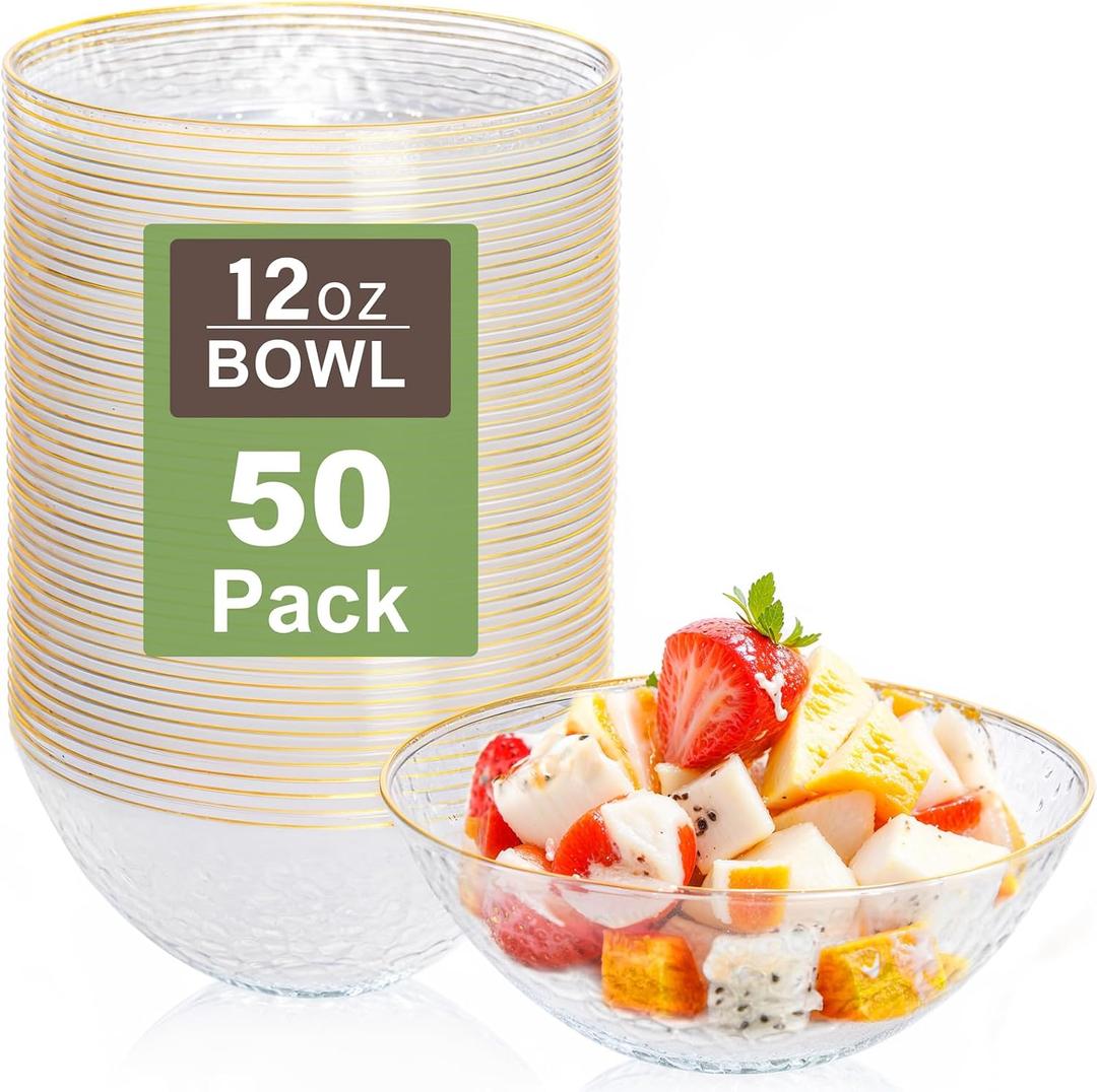 I00000 50 Pack 12 Ounce Clear Plastic Bowls Hammered with Gold Rimmed, Heavy Duty Disposable Bowl Set,Small Bowls for Wedding Day
