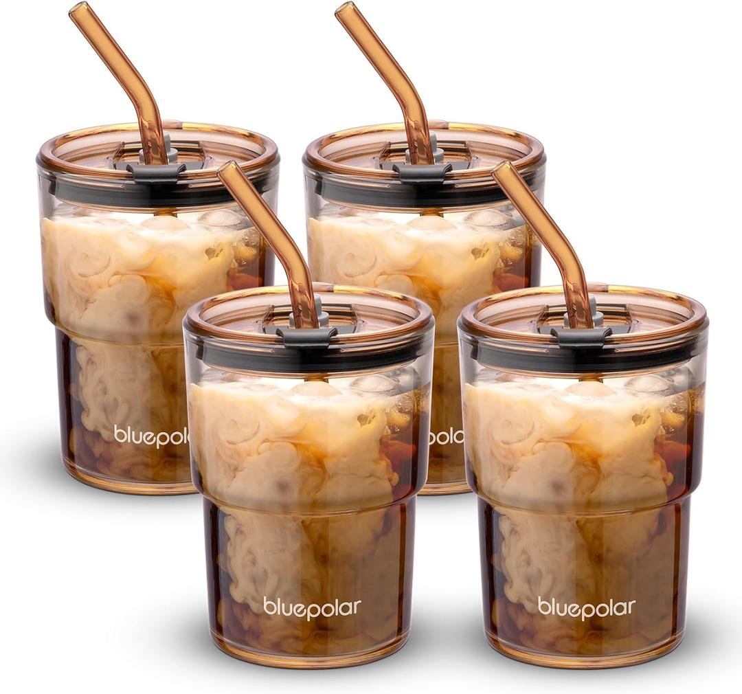 13oz/400ml Glass Water Tumbler with Straw and Lid Sealed Carry On Thick Wall Iced Coffee Cup Glass Cup for Water, Iced Tea Fruit Juice Etc (Amber-4Pack)