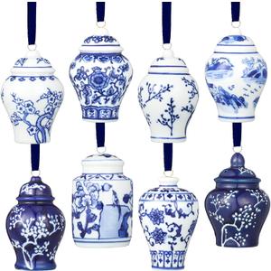 BBTO 8 Pcs Christmas Chinoiserie Porcelain Ball Ornaments 2. 36 Inch Mini Ball Blue and White Christmas Tree Decorations Ceramic Hanging Ornaments for Home Tree (Vintage Style)
