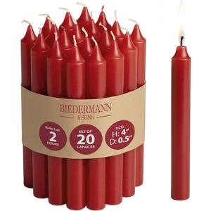 Biedermann & Sons Red Chime Candles (Set of 20), Unscented Tree and Chime Tapers, 4 Inch Tall 0.5 Inch Diameter, 2 Hour Long Burning Dripless Paraffin, for Angel Chime Carousels and Holders