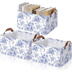 Boao 3 Pcs Blue Floral Storage Bin Wildflowers Collapsible Large Storage Baskets for Gifts Canvas Laundry Basket Foldable Box with Handle for Office Home Bedroom Clothes (15 x 11 x 8 Inches)
