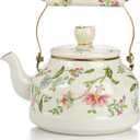 Jucoan 2.6 Quart Vintage Enamel Tea Kettle, Green Floral Stovetop Water Kettle Teapot with Porcelain Handle for Home Kitchen Camping Tea Party, Gift for Bridal Shower Wedding Housewarming (Gold)
