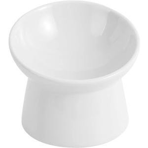 Raised Cat Food Bowls - Ceramic Tilted Elevated Anti Vomit Whisker Friendly Shallow Wide Cat Feeding Bowls - Microwave & Dishwasher Safe (White-large)