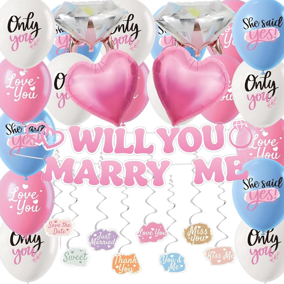 Will You Marry Me Design Proposal Decorations - Upgraded Hanging Swirls Balloons Banner Ring Heart Designed Sign Red Pink Romantic Love Valentines Day Party Stuff Merch