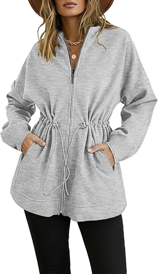 CHICME Womens Zip Up Hoodie Long Sleeve Oversized Sweatshirt Fall Fashion Casual Jackets Winter Clothes (Medium, Grey)