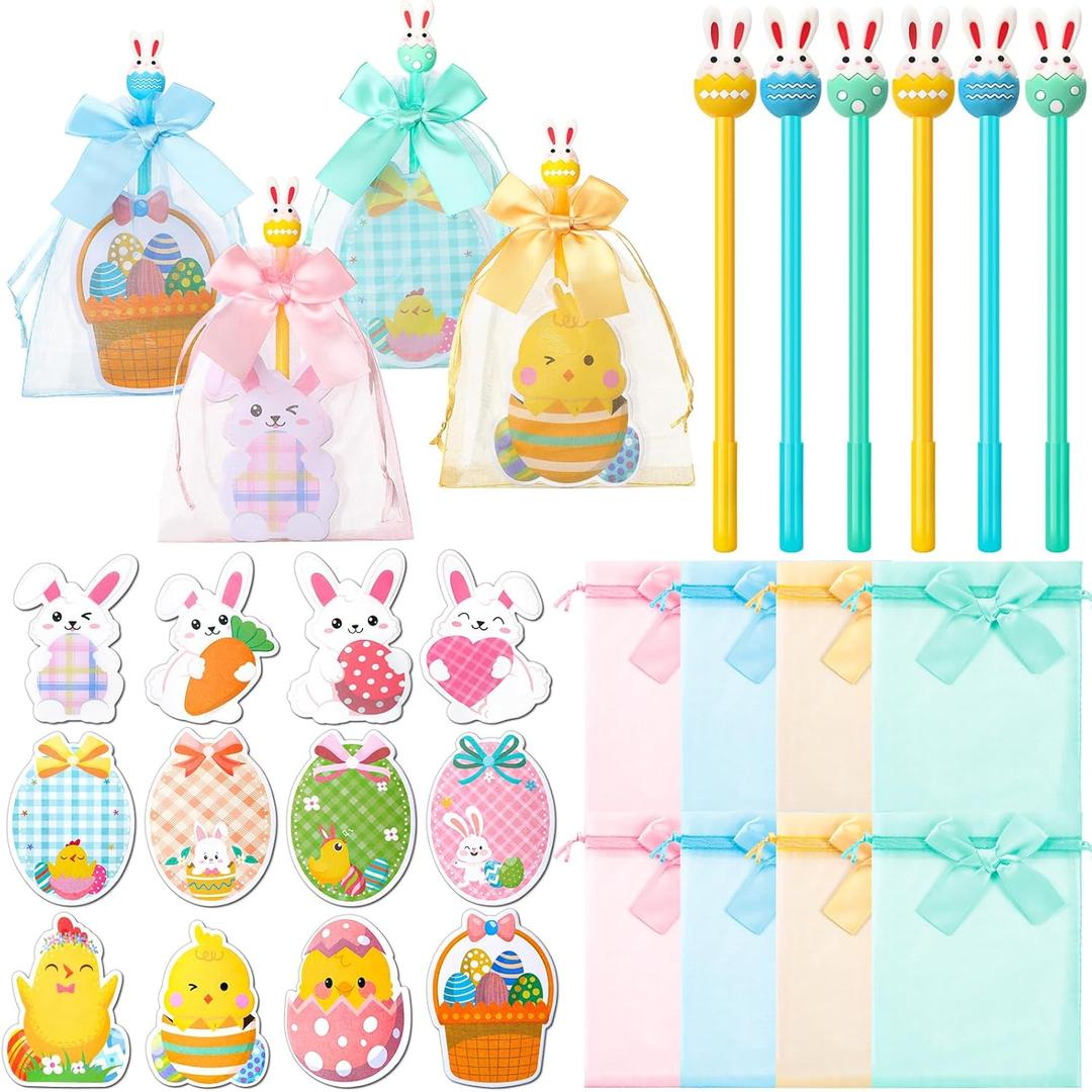 Geyoga 72 Pcs Easter Stationery Set of Bunny Egg Sticky Notes 0.5 mm Rabbit Eggs Gel Ink Pens Gift Bags Easter Note Pads for Classroom Office Basket Gift Stuffer Goodie Bag Fillers Party Decor