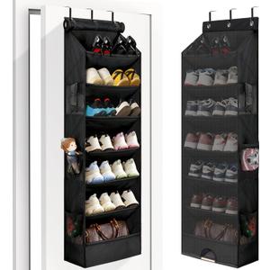 7 Tier Over The Door Shoe Organizer, Hanging Shoe Rack for Closet with Dustproof Mesh Curtain & 6 Side Pockets, Behind The Door Narrow Shoe Holder Hanger for Sneakers, Boots (Black)