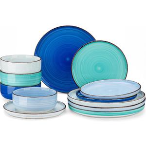 vancasso Bonita Blue Dinnerware Sets, Plates and Bowls Set for 4, 12 Pieces Stoneware Dinnerware Set, Dishwasher and Microwave Safe