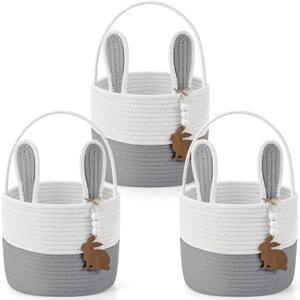 BreezeHug 3 Pcs Easter Baskets for Kids Easter Bunny Basket with Name Tag Detachable Rabbit Ear Rustic Woven Gift Toys Bucket Tote Eggs Hunt Bag for Girl Boy Baby Party Decoration Supplies(Grey)