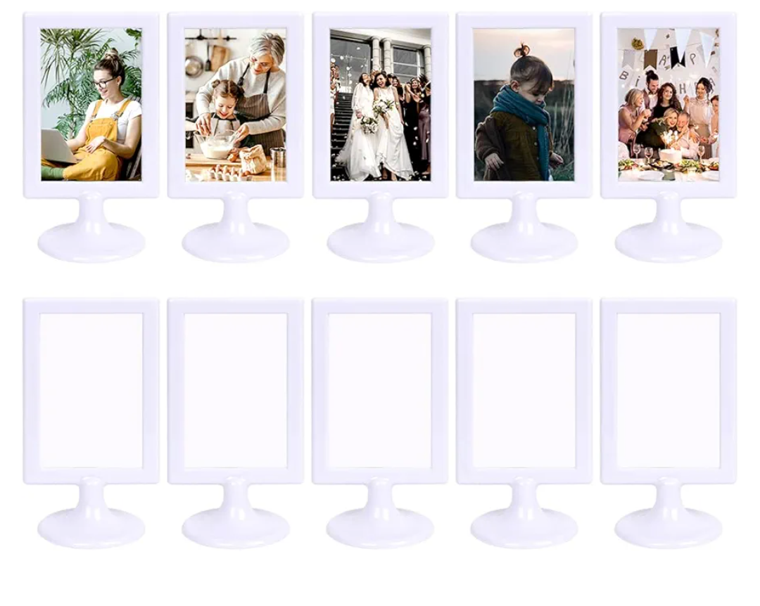Double Sided Standing Picture Frames, 4x6 Inch 2 Sided Pedestal Photo Frame with Inserts and Base, Plastic Vertical Photo Frame For Display (White, 10 Pack)