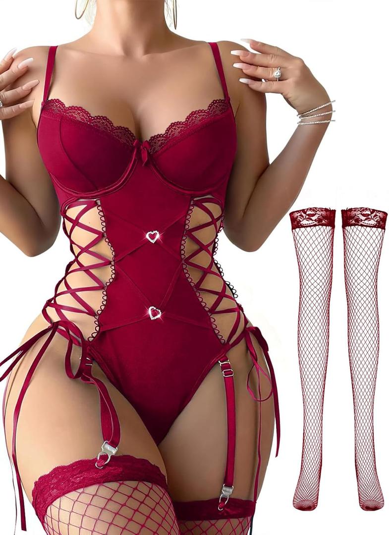 Lilosy Sexy Floral Lace Up Belt Garter Underwire Teddy Bodysuit Lingerie Set (Medium, Burgundy Red)