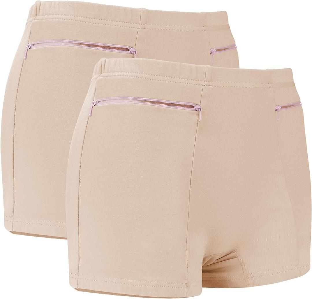 LUEXBOX Pocket Pantie for Women, Travel Underwear with Secret Pocket Panties Women's, 2 Packs (Light Brown) (Medium)