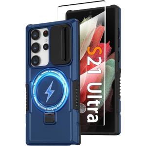 Magnetic Case for Samsung Galaxy S21 FE, with Ring Stand [2X Screen Protector] [Compatible with MagSafe] Military Grade Case with Camera Cover, Shockproof Cover for Samsung S21FE 5G 6.4 inch, Blue