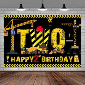 Construction 2nd Birthday Banner Decorations for Boys - Cartoon Truck Excavator Photograph Backdrop - Construction Birthday Party Supplies 7X5FT