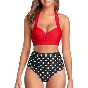 Tempt Me Women Two Piece Vintage Swimsuit Retro Halter Ruched High Waist Bikini with Bottom, S