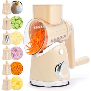 SUSTEAS Rotary Cheese Grater with Handle, Vegetable Slicer, 6 Interchangeable Blades, Reinforced Suction, Easy to Clean, Kitchen Shredder for Crushed Ice, Fruits, Nuts with Blade Storage Case, Beige