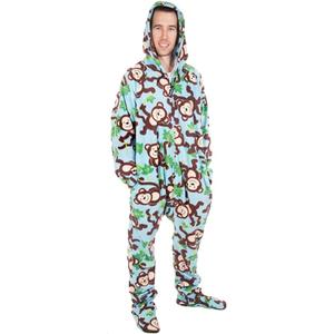 Forever Lazy Footed Adult Onesies, One-Piece Pajama Jumpsuits for Men and Women, Unisex. with Detachable Feet. (Monkey Print on Blue)