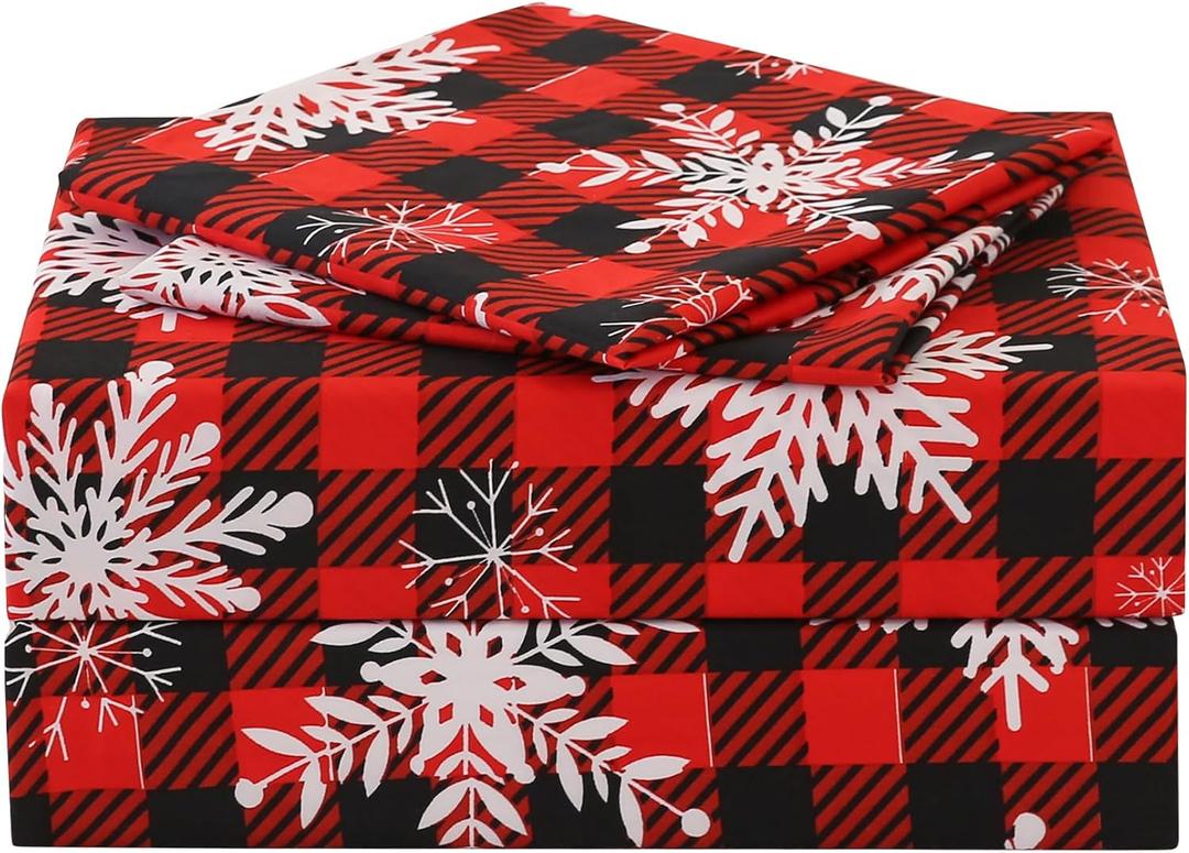 JSD Red Buffalo Plaid Snowflakes Sheet Set Queen Size, 4 Piece Christmas Winter Microfiber Bedding Sheets Extra Deep Pocket