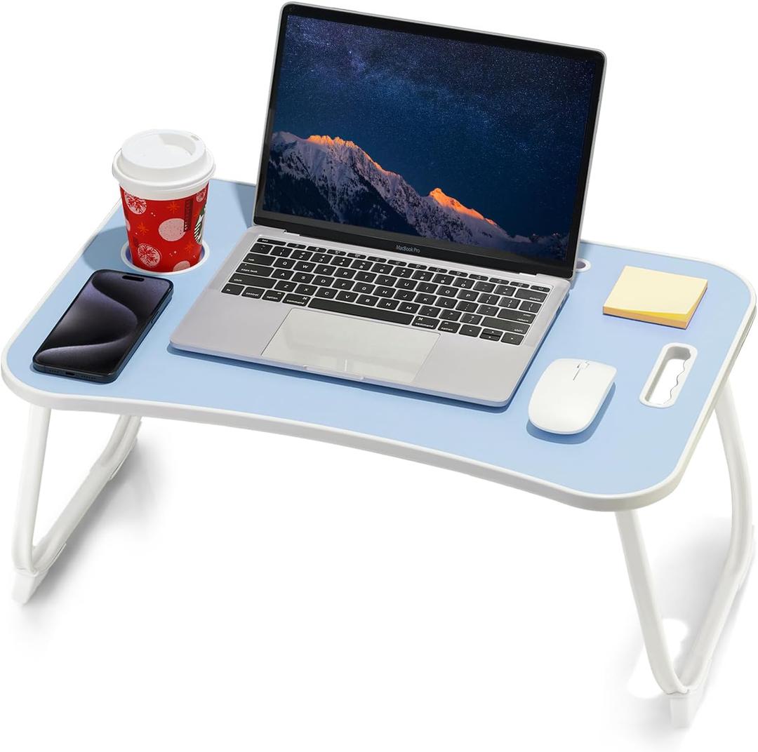 Laptop Bed Desk, Foldable Lap Desk, Portable Lap Table, Laptop Stand with Cup Holder & Tablet Slot & Lifting Handle for Working Writing Drawing & Eating - Blue