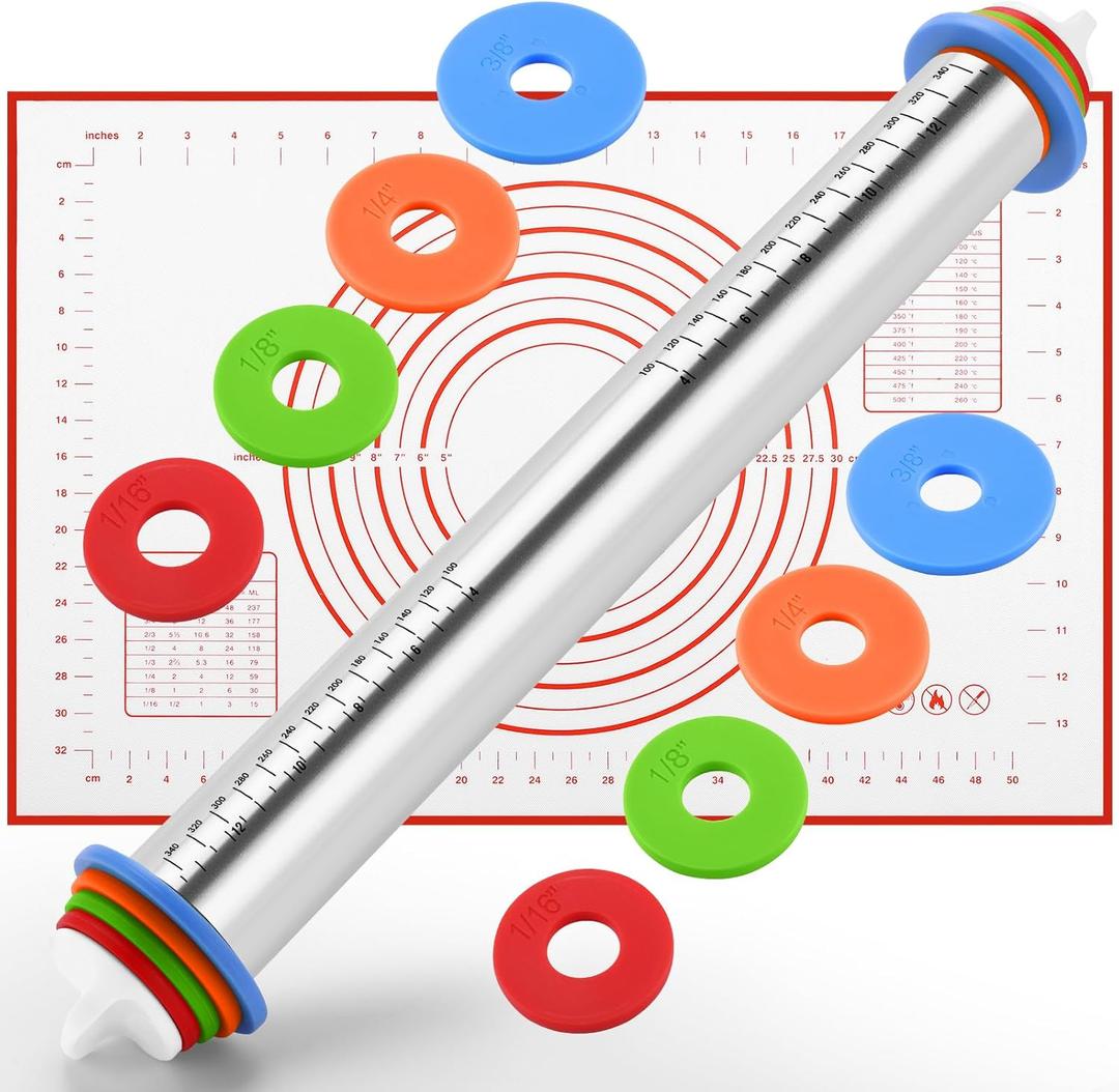 Rolling Pin nonstick and Silicone Baking Pastry Mat combo kit, Adjustable Rolling Pin With Thickness Rings for Baking Fondant, Pizza, Pie, Pastry, Pasta, Dough, Cookies (red)