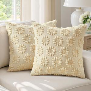 EMEMA Beige Floral Tufted Throw Pillow Covers, Set of 2 Soft Textured Decorative 18x18 Cushion Cases Bringing a Light, Cozy Layer to Sofa, Couch, Bedroom or Modern Farmhouse Living Room Dcor