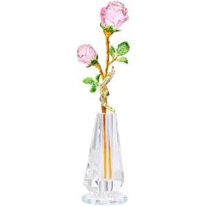 YWHL Handmade Pink Rose Flower Crystal Figurine with Vase, Bouquet Glass Flowers Ornament Rose Gifts for Women Mom Wife, Crystal Flower Home Decor for Anniversary Mother's Day Wedding