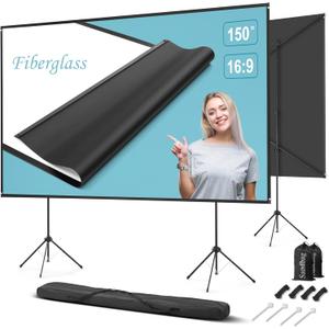 Outdoor Projector Screen with Stand 150 inch 16:9, Portable Projector Screen, 1.5 High Gain Fiberglass, Sturdy Backing, Wind-Resistant Movie Screen, Tripod/Wall Mounted, for Home Cinema/Backyard Party