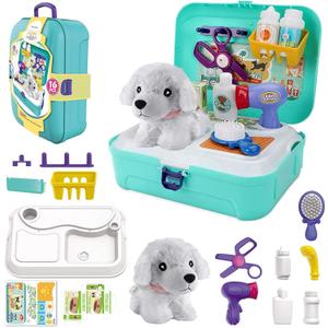 TEUVO Pet Care Play Set Doctor Kit for Kids, 16 Pcs Doctor Pretend Play Vet Dog Grooming Toys Puppy Dog Carrier Feeding Dog Backpack Gifts for Girls Boys 3-7 Years Old (Green)