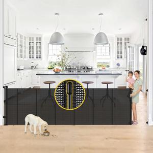 Reinforced 42 Tall x 130 Extra Wide Retractable Baby Gates Extra Tall Pet Gate for Wide Openings Long Dog gate with Rods to Prevent Crawling Through, Dog Gates for Doorways Indoor Outdoor, Black