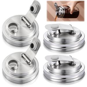 Baderke 4 Pcs Stainless Steel Mason Jar Pour Spout Lid for Wide Mouth Mason Jars, Rust Proof Leak Proof Seal Cover fit Home Tea, Milk, Juice Drinks Airtight Turns your Container into Pitcher