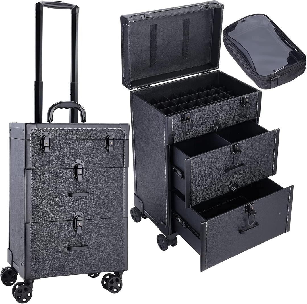 Frenessa Rolling Nail Case - Wheeled Vegan Leather Manicure Storage Organizer for Nail Technicians, Cosmetologists, and Stylists, Black