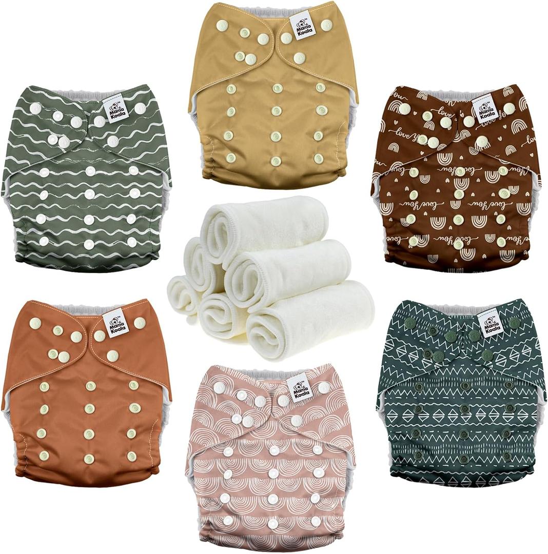 Mama Koala 3.0 Pocket Cloth Diapers for Babies with AWJ Lining, 6 Pack with 6 4-Layer Natural Cloth Diaper Inserts - Reusable and Washable Pocket Diapers (Hope in The Desert)