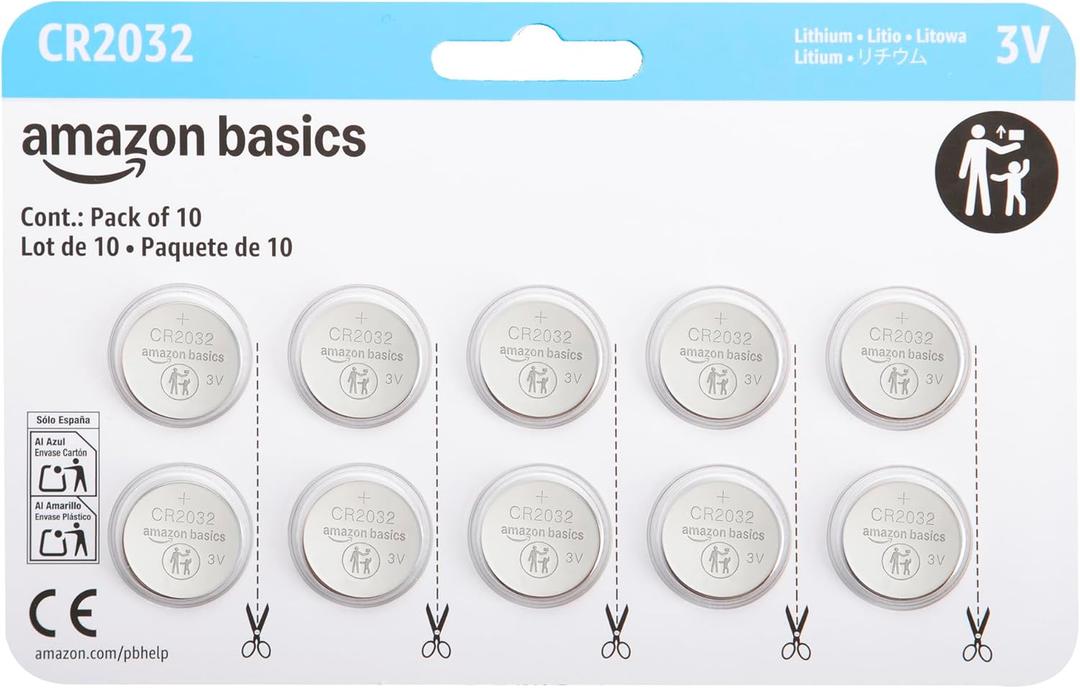 Amazon Basics CR2032 Lithium Batteries, 10-Pack, Child-Proof Package, Non-Coated - AirTag Compatible