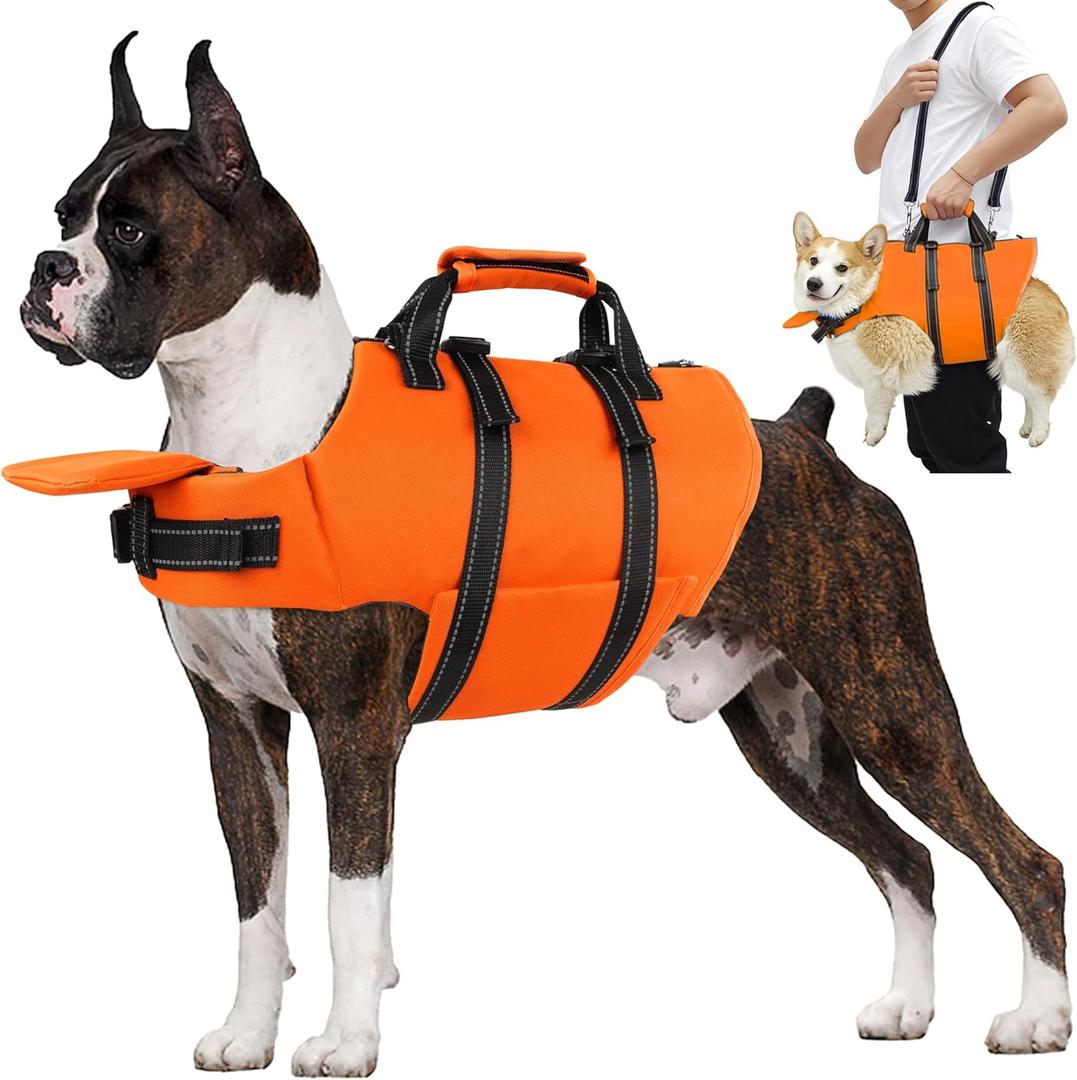 Dog Life Jacket with 4ft Leash, Reflective Pet Life Vest with Zipper and Handle for Swimming Boating, Adjustable High Buoyancy Floatation Swim Vest for Small Medium Large Dogs - Orange, XS