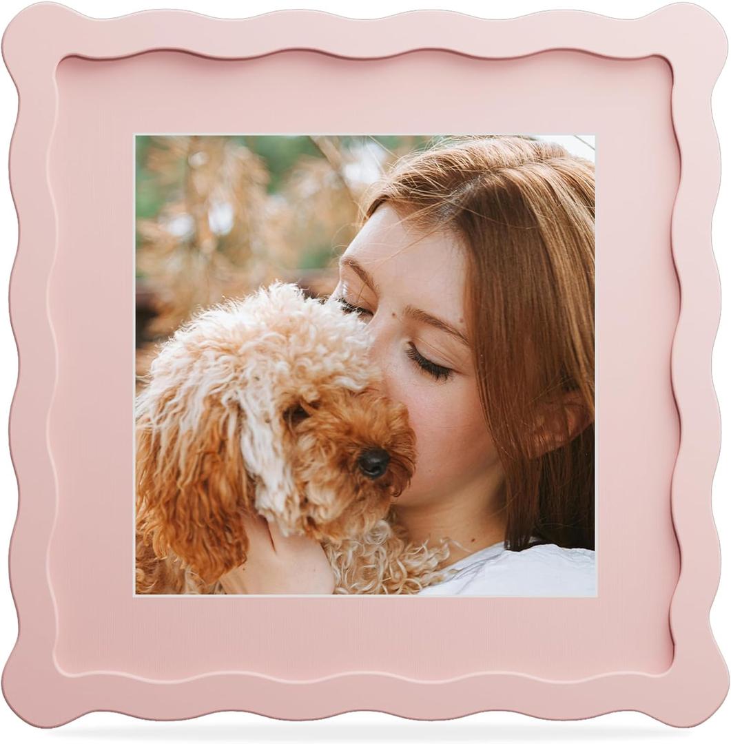 8x8 Picture Frame with Mat for 6x6, Wavy Edge Wooden Real Glass Photo Frame for Tabletop and Wall Hanging, Pink, 1 Pack
