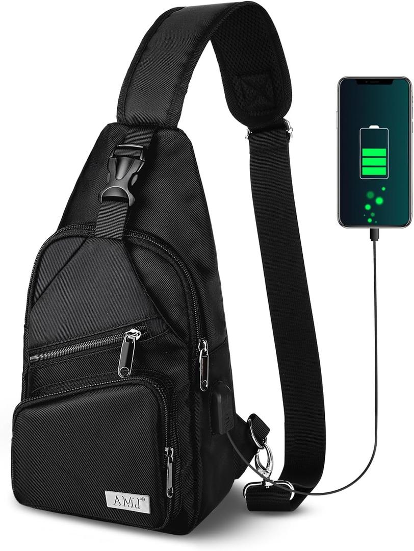 AMJ Crossbody Sling Bag Men Women, Casual Shoulder Backpack, Chest Daypack Satchel for Hiking Travel (Large, Black)