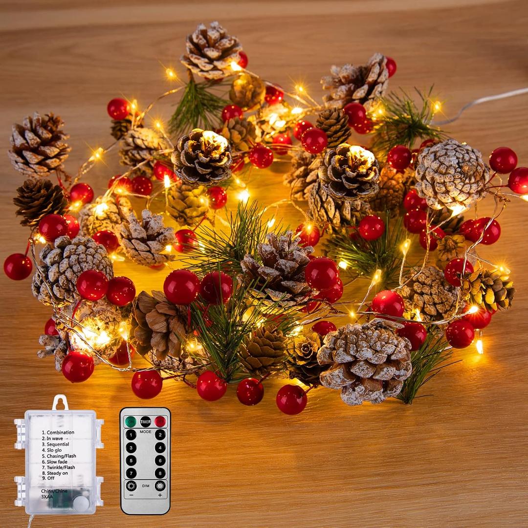 Christmas Pine Lighted Garland Decor, 9.8 Ft 60 LEDs Red Berry Pine Cone Battery Operated Christmas Garland Lights with 8 Modes, Remote Control for Mantle Fireplace Stairs Xmas Tree Indoor Decor (Pine Cone - 1 Pack)