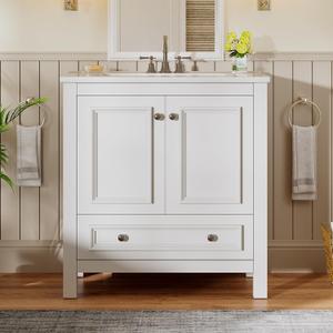 Tribesigns 30" Modern Bathroom Vanity with Sink, Freestanding Bathroom Vanities Cabinet with Ceramic Basin Combo, Bathroom Sink Cabinet with 2 Doors and 1 Drawer, Solid Wooden Frame, Black (White)