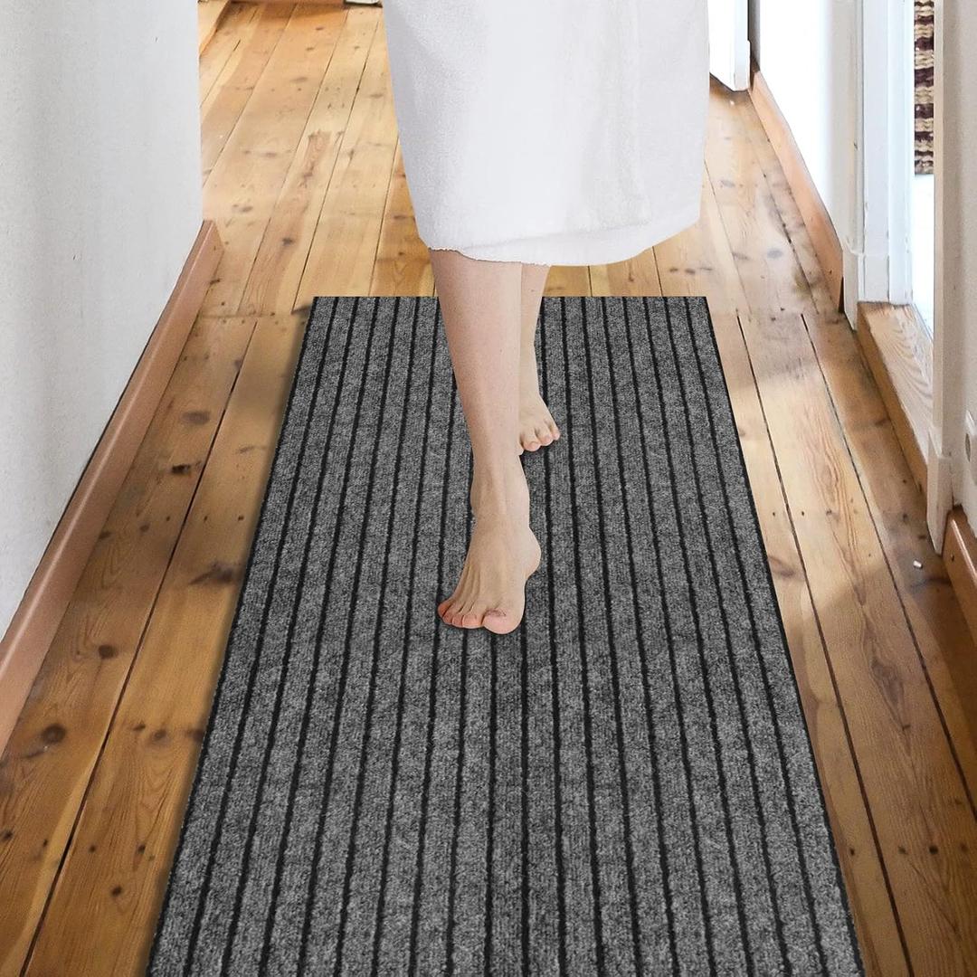 Custom Size Backed Non-Slip Area Rugs Runner, Easy Clean, Waterproof Runner Rugs for Hallway Entryway, Kitchen, Laundry, 2FT x 4FT, Gray Stripe