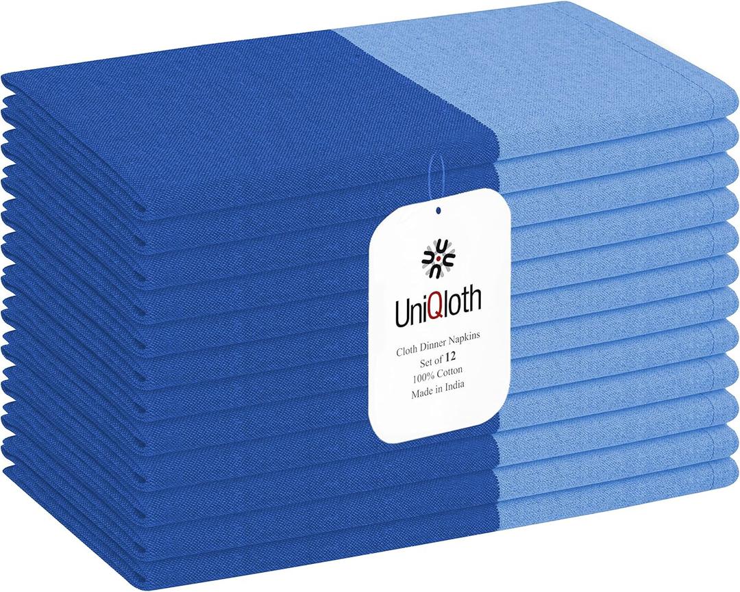 Set of 12 Cloth Dinner Napkins 100% Cotton - Soft Durable Washable Reusable - Ideal for Farmhouse Parties Weddings Holidays Hotel Restaurant Events Daily Use Table Dinner Napkins 18x18 Blue