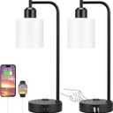 Industrial Touch Bedside Lamps for Bedrooms Set of 2 - 3-Way Dimmable Nightstand Lamps with USB C+A Ports and Outlet, Table Lamps with Opal Glass Shade for Living Room, Desk Lamps for Home Office