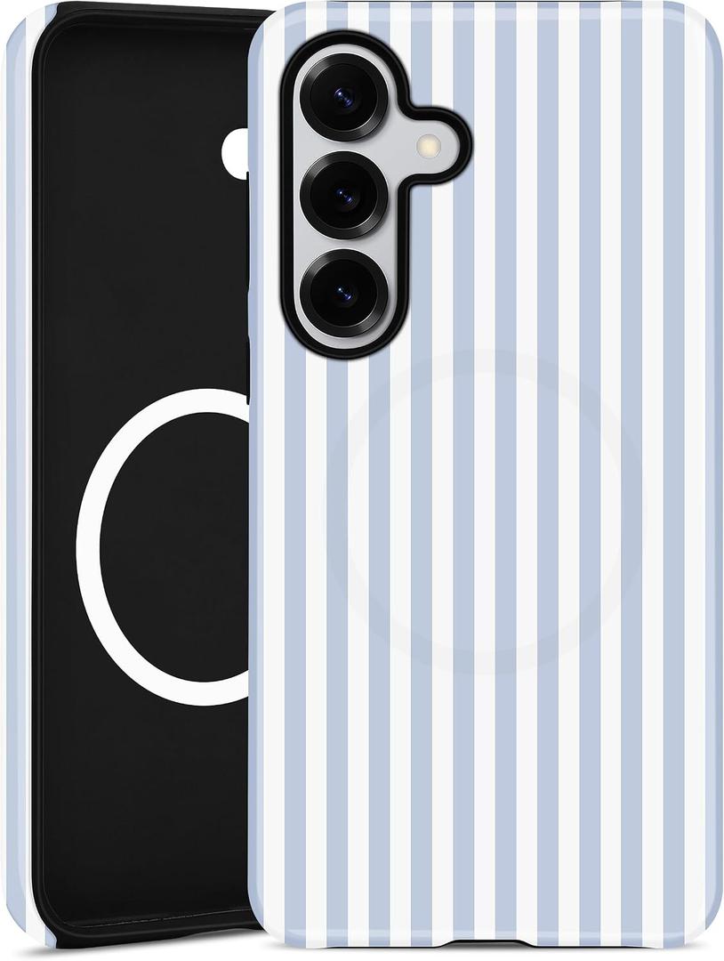 Compatible with MagSafe Striped Phone Case for Samsung Galaxy S24, Cute Aesthetic Striped Magnetic Soft TPU and Hard PC Protective Phone Cover for Women Girls - Blue