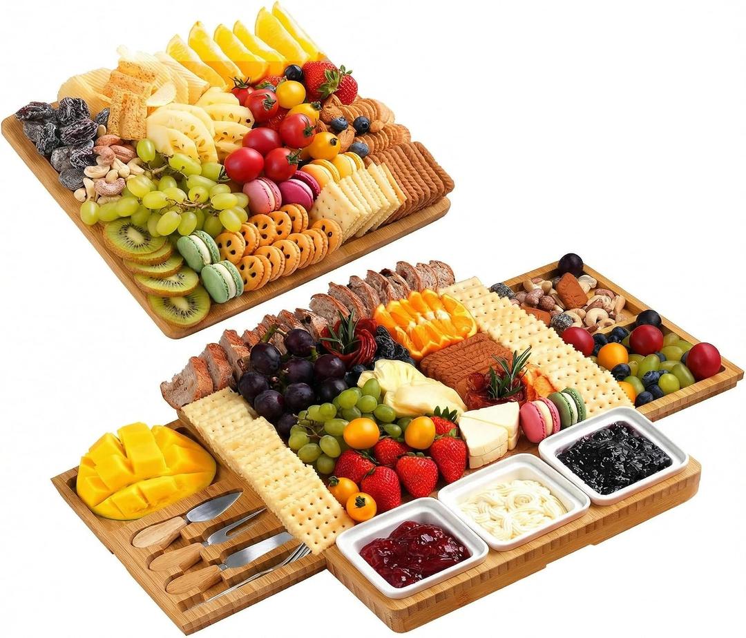 Charcuterie Board with Knife Set, Double-Drawer Cheese Platter, Extra-Large Square Cheese Tray, House Warming Gifts New Home, Carbonized Bamboo