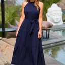 PRETTYGARDEN Women's Summer Floral Maxi Sun Dress Sleeveless Halter Neck Flowy Ruffle Hem Long Boho Dresses with Belt (Blue, M)