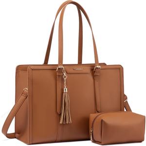 LOVEVOOK Laptop Bag for Women 15.6 inch Lightweight PU Laptop Tote, Large Capacity Computer Bag with Clutch Purse for Business, Work, Office, Travel, School, Casual (Brown & Leather)