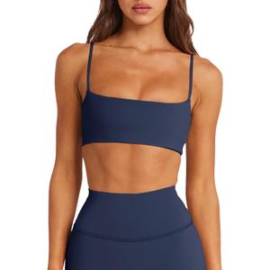 LASLULU Womens Adjustable Spaghetti Straps Sports Bra Square Neck Wireless Padded Workout Yoga Crop Tops (Small, Navy Blue)