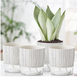 4 Pcs Self Watering Planter Pots, Indoor Plant Plastic Flower Pot with Transparent Visible Water Storage Tank Drainage Hole, Suitable for Indoor and Outdoor Gardens Plant Pot-Stripe, 7*11 cm, 10*14 cm