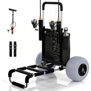 PYY Beach Fishing Cart - 220LBS Foldable Aluminum Beach Wagon Trolley with 13" Balloon Wheels, 23" x 15" Cargo Deck, Fishing Rod Holders, 30" to 40" Adjustable Handle, Heavy Duty Cart for Beach